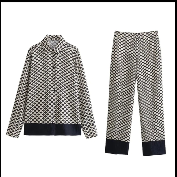 Chic Satin Blouse Long Sleeve Lapel Shirt+Elastic Waist Casual Trousers 2 set - Picture 4 of 5